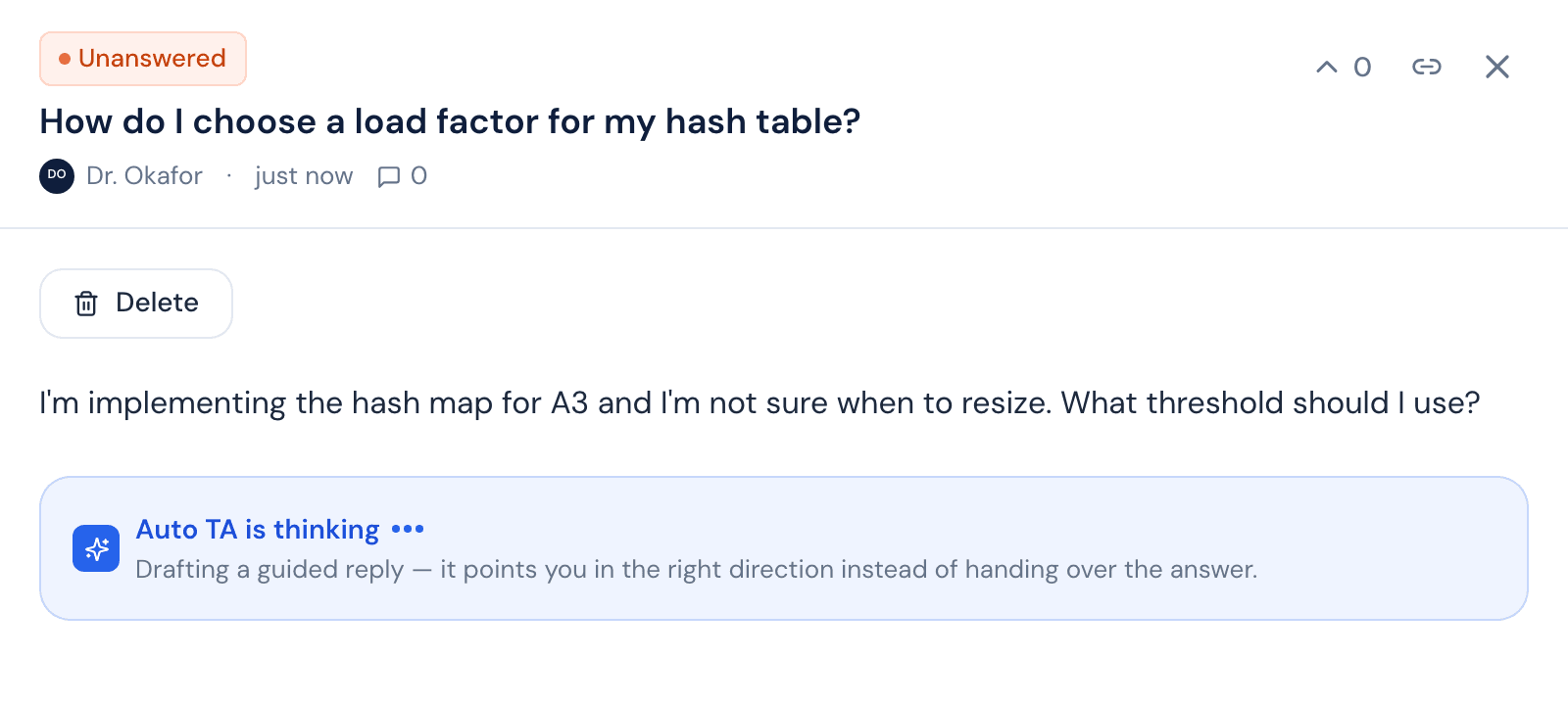 A newly posted question with the placeholder 'Auto TA is thinking' below it, noting that it drafts a guided reply rather than handing over the answer.