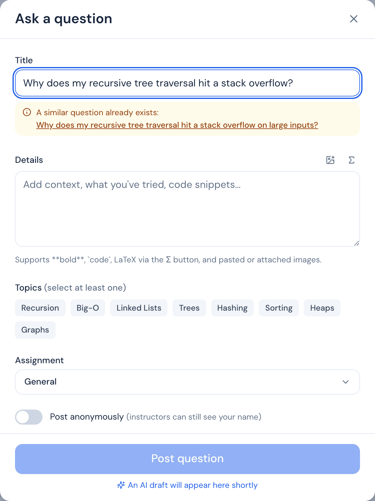 The ask-a-question form with a notice reading 'A similar question already exists', linking to an existing thread about recursive tree traversal.