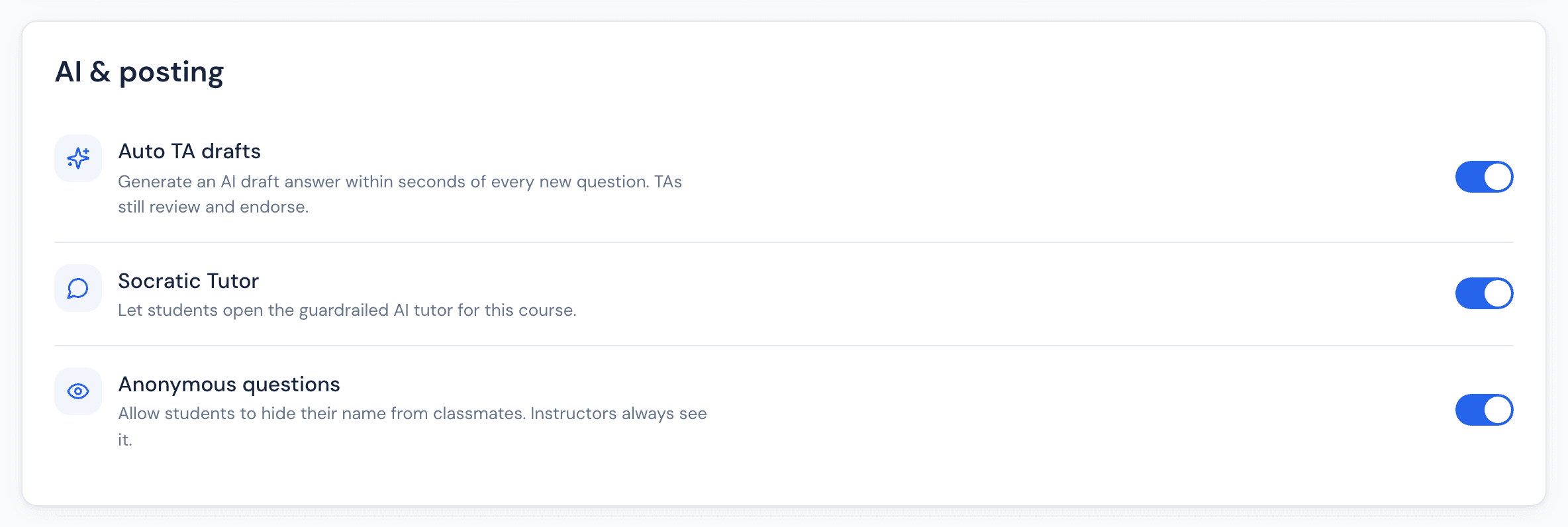 Luminate course settings showing three switches: Auto TA drafts, Socratic Tutor, and Anonymous questions, each with a short description.